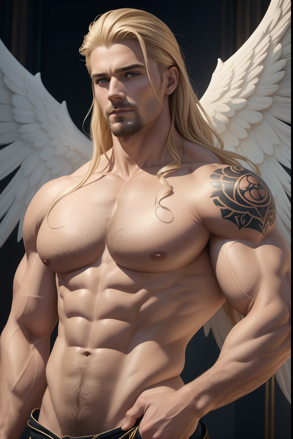 Painted portrait of a robust celestial angel, Dieu du tonnerre, Dieu grec, cheveux blonds, tatouages, grandes ailes, mature, beau, Haut du corps, musculaire, Torse poilu, fantaisie, complexe, elegant, highly detailed, digital painting, art station, Art conceptuel, lisse, mise au point nette