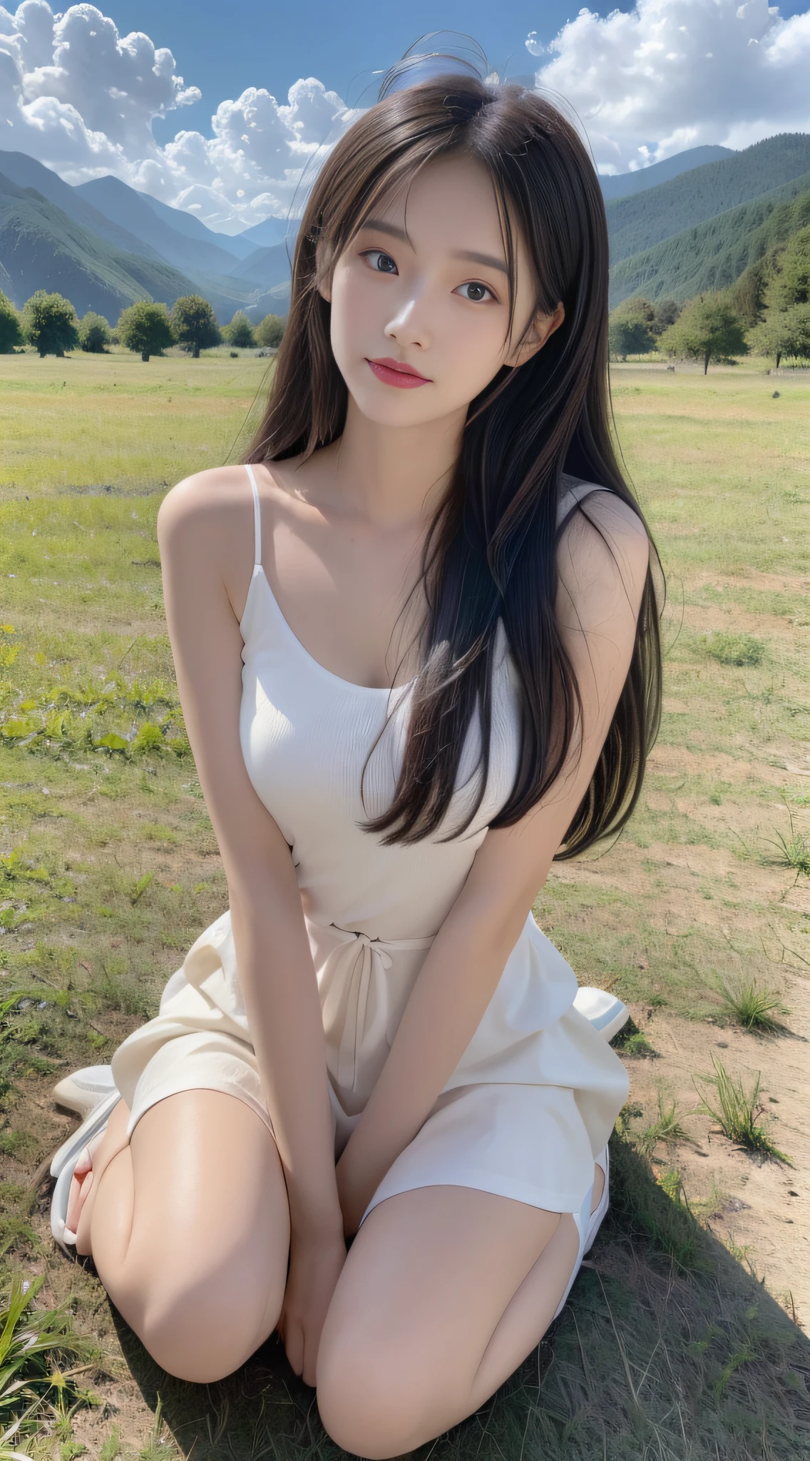 ((best quality, 8k, masterpiece:1.3)), a beautiful girl, pure, melon face, gentle and cute, thin figure, (frontal), (tilted head), looking directly into the camera, [detached sleeves::0], [collared shirt::0], [capri pants::0], black silky long straight hair, long hair flowing over the shoulders, round black big eyes, clear big eyes, moist red lips, sweet smile, sitting, hands on knees, Blue sky and white clouds, sunshine, grassland, mountain peaks, northern view of Tibetan grassland