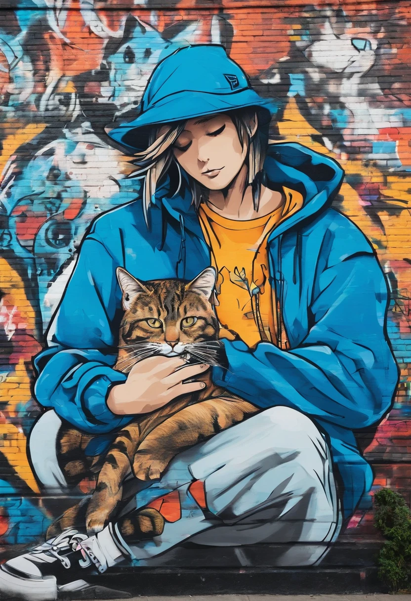 Wearing a blue hoodie with a deep hood々Man in a hat、One cat is cuddling。