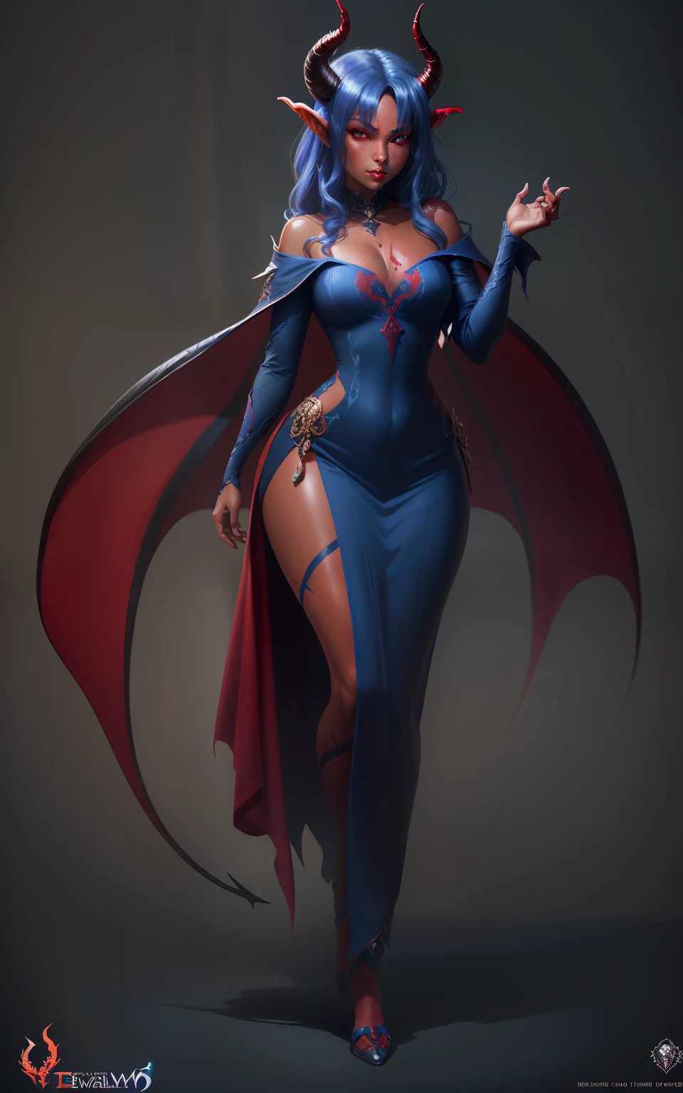 full body shot, sehele style, anime style, (((tiefling))) warlock with (((crimson red skin))) and (((blue, smoldering eyes))). Her (((horns curve elegantly backwards))), 8k, 4k, Unreal Engine 5, octane render, trending on pixiv, fanbox, skeb, masterpiece, smooth soft skin, big dreamy eyes, beautiful intricate colored hair, anime wide eyes, soft lighting, concept art, digital painting,