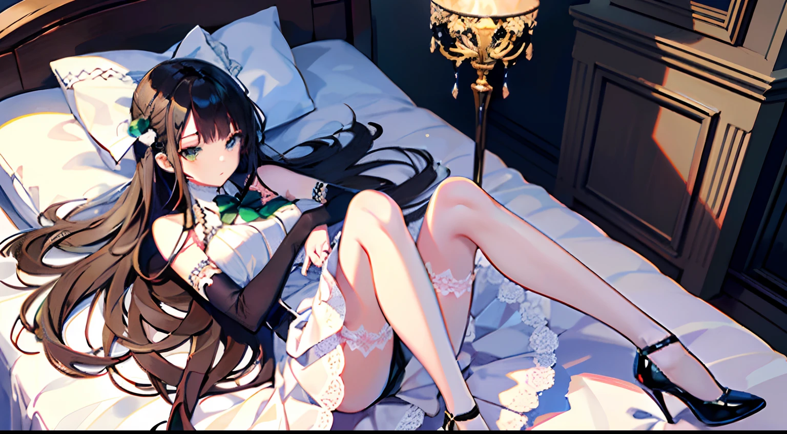 (tmasterpiece、top-quality、illustratio、Extremely high quality、high-level image quality、Extremely sensitive writing)Masterpiece, Best quality, Ultra-detailed,Green long hair,cropped shoulders,long skirt,Lace,high-heels,white stockings,Ribbons,Bow knot,Slim legs,Beautiful young lady,Stretch your slender legs,Lie down in bed