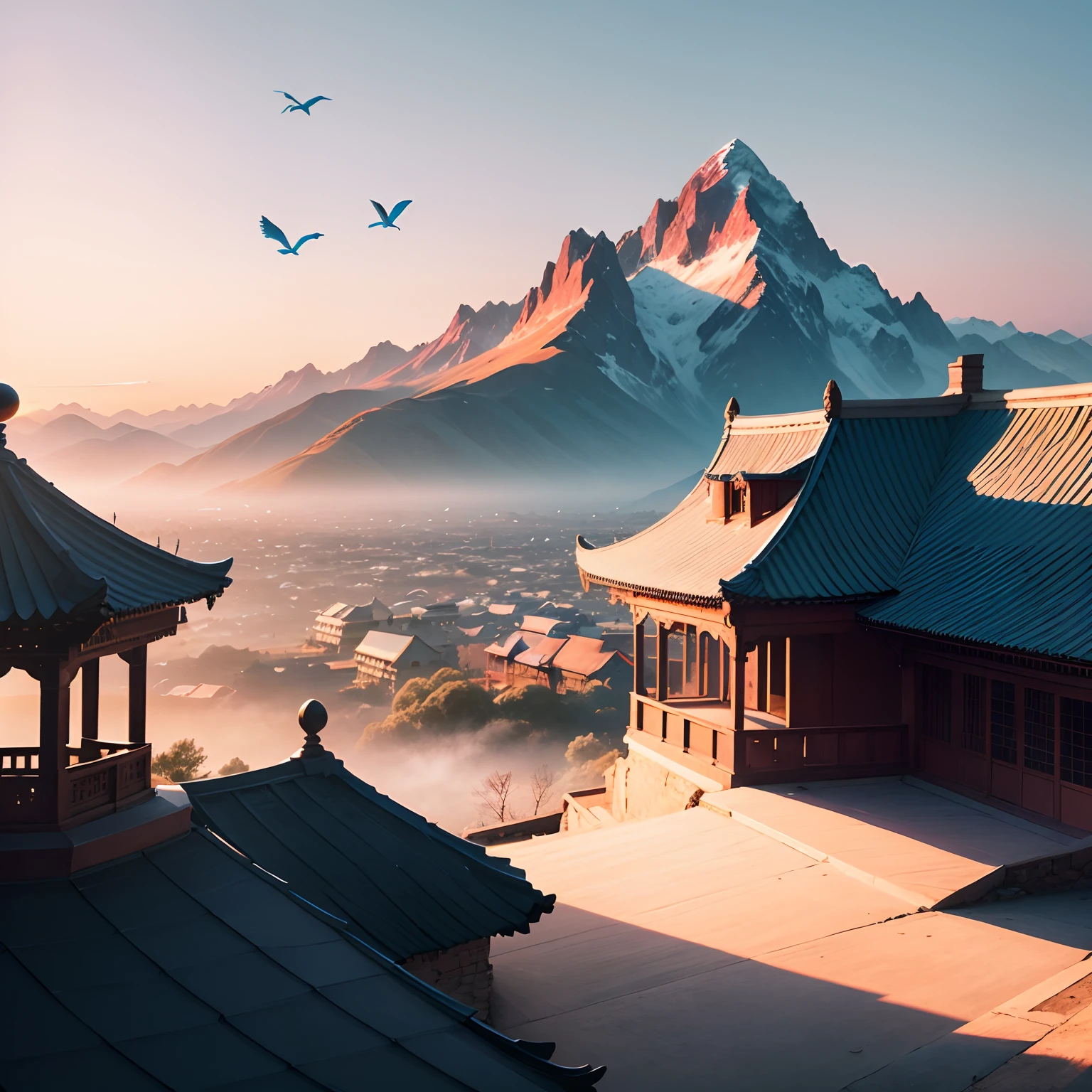 ancient wind,Distant mountains at sunset,Pavilions,flying birds,Simple elements,Gradient blue-pink --auto