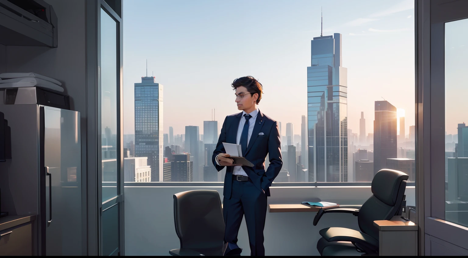 (best quality,4k,8k,highres,masterpiece:1.2),ultra-detailed,(realistic,photorealistic,photo-realistic:1.37),A successful man in his office,sharp focus,professionally dressed man,enjoying his work,meticulously organized workspace,modern office space,impressive skyline outside the window,illuminated by daylight,striking cityscape,with skyscrapers reaching towards the sky,vibrant colors,deep shadows,soft natural lighting,scenic view of the city,with a hint of warmth in the sunlight.