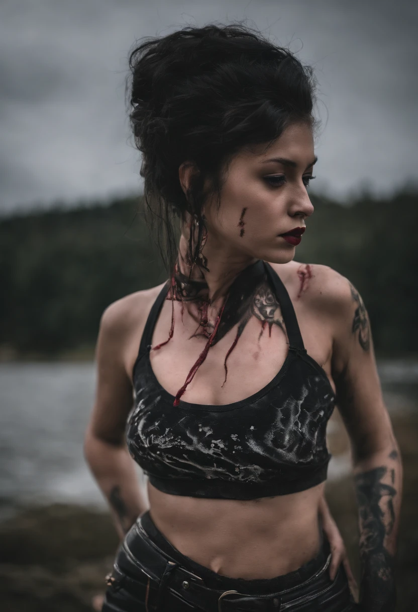 seductive punk goth girl, latex jacket, latex shorts, Choker, wet thin tank top, pink and white hair, Long bangs, pigtails, black lips, pouty lips, Medium GRD, Athletic body, athletic toned butt, Girl from Europe, lots of tattoos, Not a model, Street , Dark atmosphere, The skin is shiny with sweat, Gloomy room, twilight, Chokes, Kneeling;, pain, astonishment, red fluid, leakage from the mouth, Camera from above, A girl's look from her forehead, choking on red water, Hiccup, Kneeling, Tired,A girl's look from her forehead, choking on red water,blood from the mouth, Hiccups
