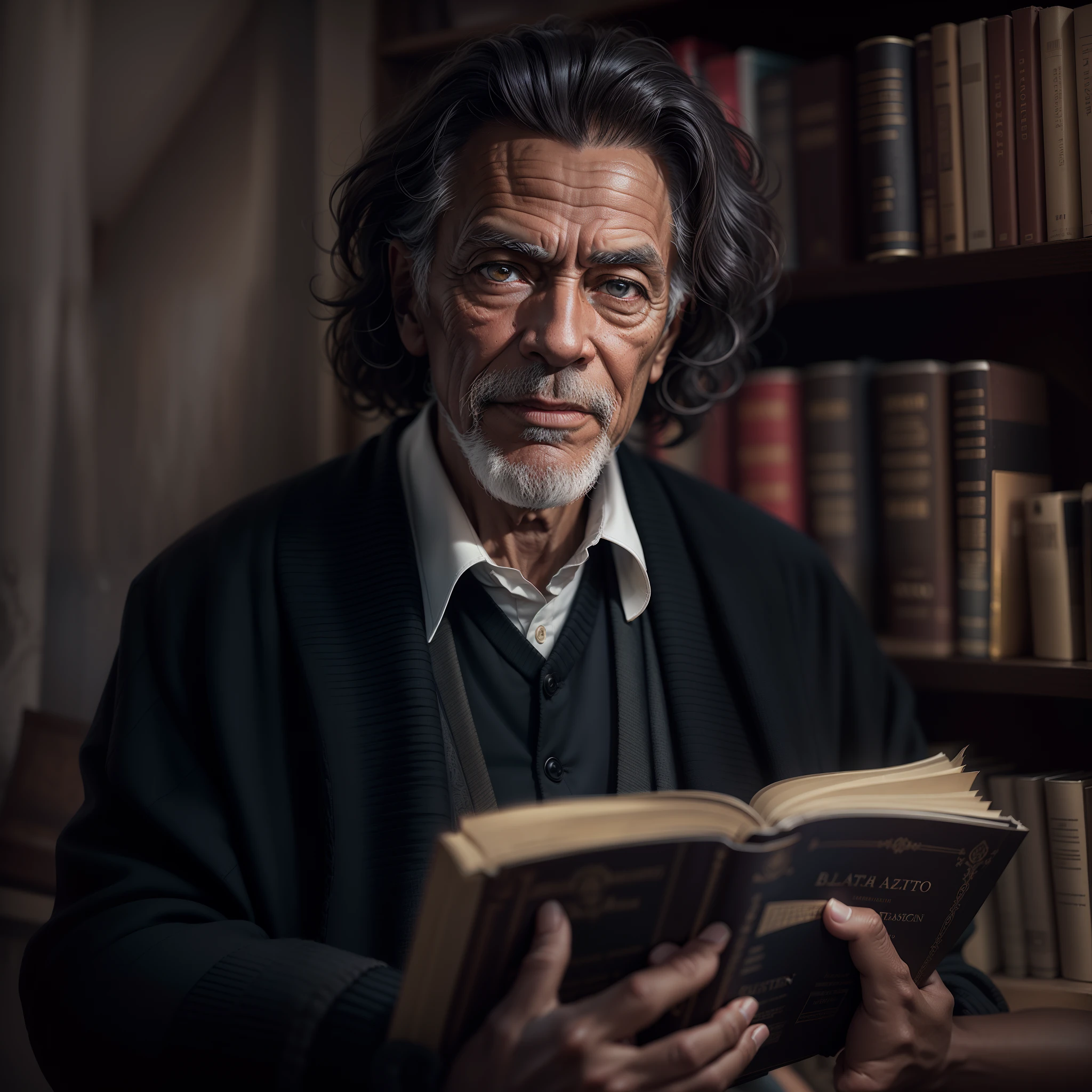 Photo of a 75-year-old man, Beautiful black hair ((model)) Christian pastor, Look forward and sit, Light brown eyes, Wavy hair, Very imposing, Features of safety and elegance, ((Wear Palito good allies)), (hypnotic), Very detailed face, Beautiful eyes, [body fitness],Holding a book is clearly a Bible，Behind the bookshelf, Lovely,  (Rembrandt lighting), ZEISS lens, Ultra photo realsisim, (Highly detailed skin: 1.2), 8K  UHD, Digital SLR, Dramatic Rim light, High quality, Fujifilm XT3,