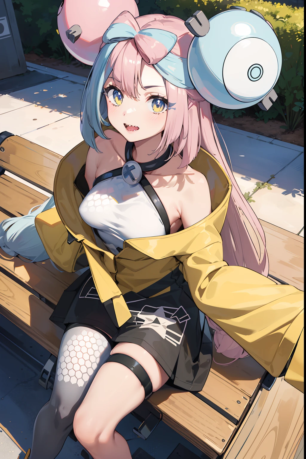 (masuter piece,Best Quality,Ultra-detailed), (A detailed face) , (A pokémon), Iono, (iono), nanjyamo, Enigmara, 1girl in, Long, medium breasts, Yellow jacket, off shoulders, Hair Ornament, Benches, Sitting