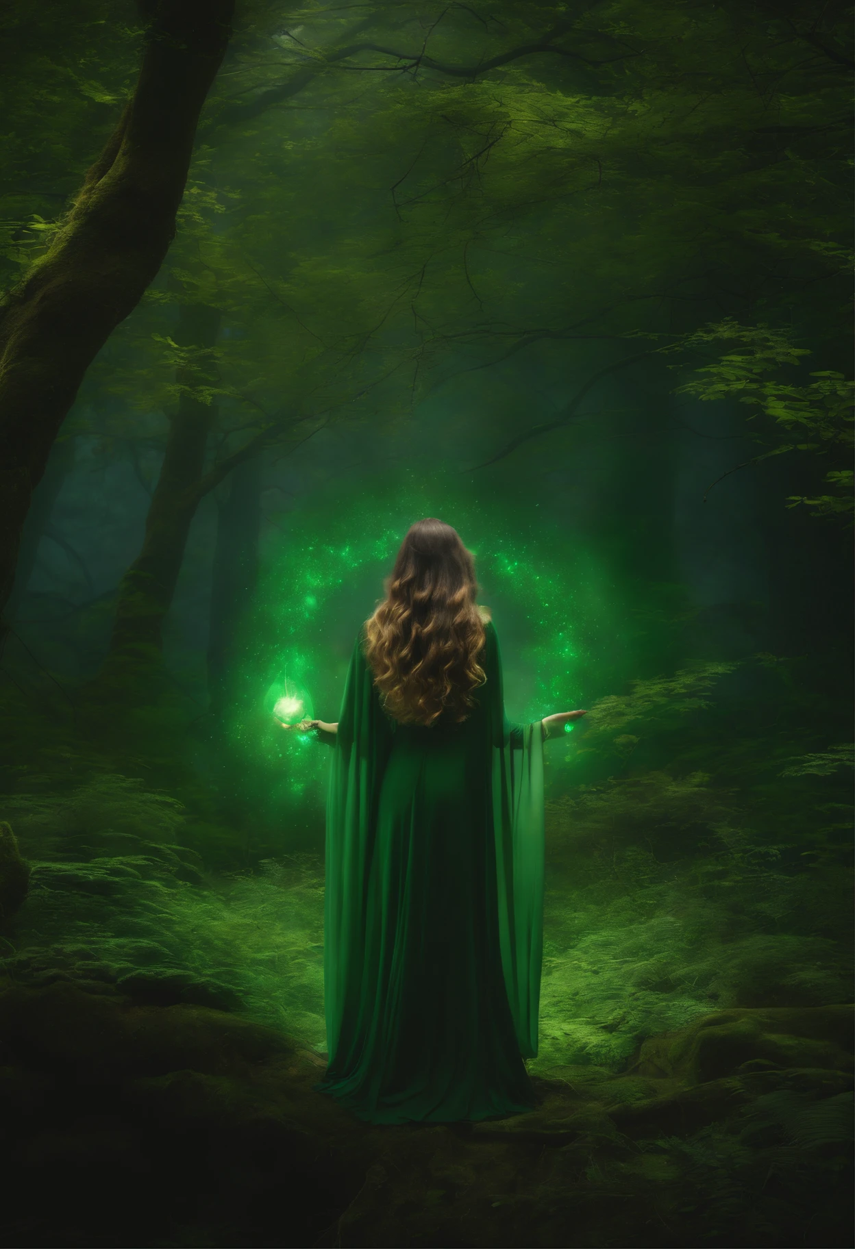 A powerful spell,Create a magical protective barrier, A woman uses green magic to summon a perfect magic shield,Perfect for fantasy worlds.