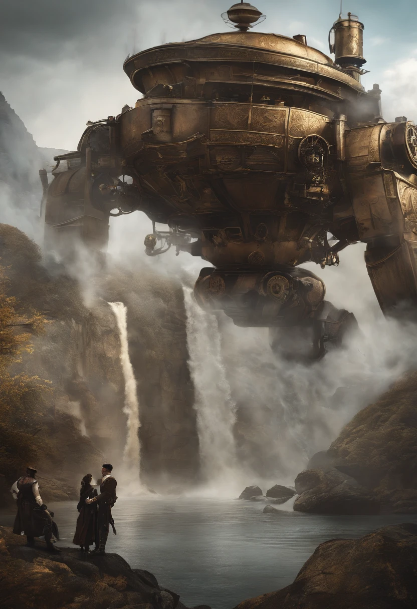 Chinese ink style，Steampunk world，Huge steam mechs and maidens，Ink animation art，Ink comic art，water ink，ink，Smudge，8k，Delicately portrayed，Works of masters