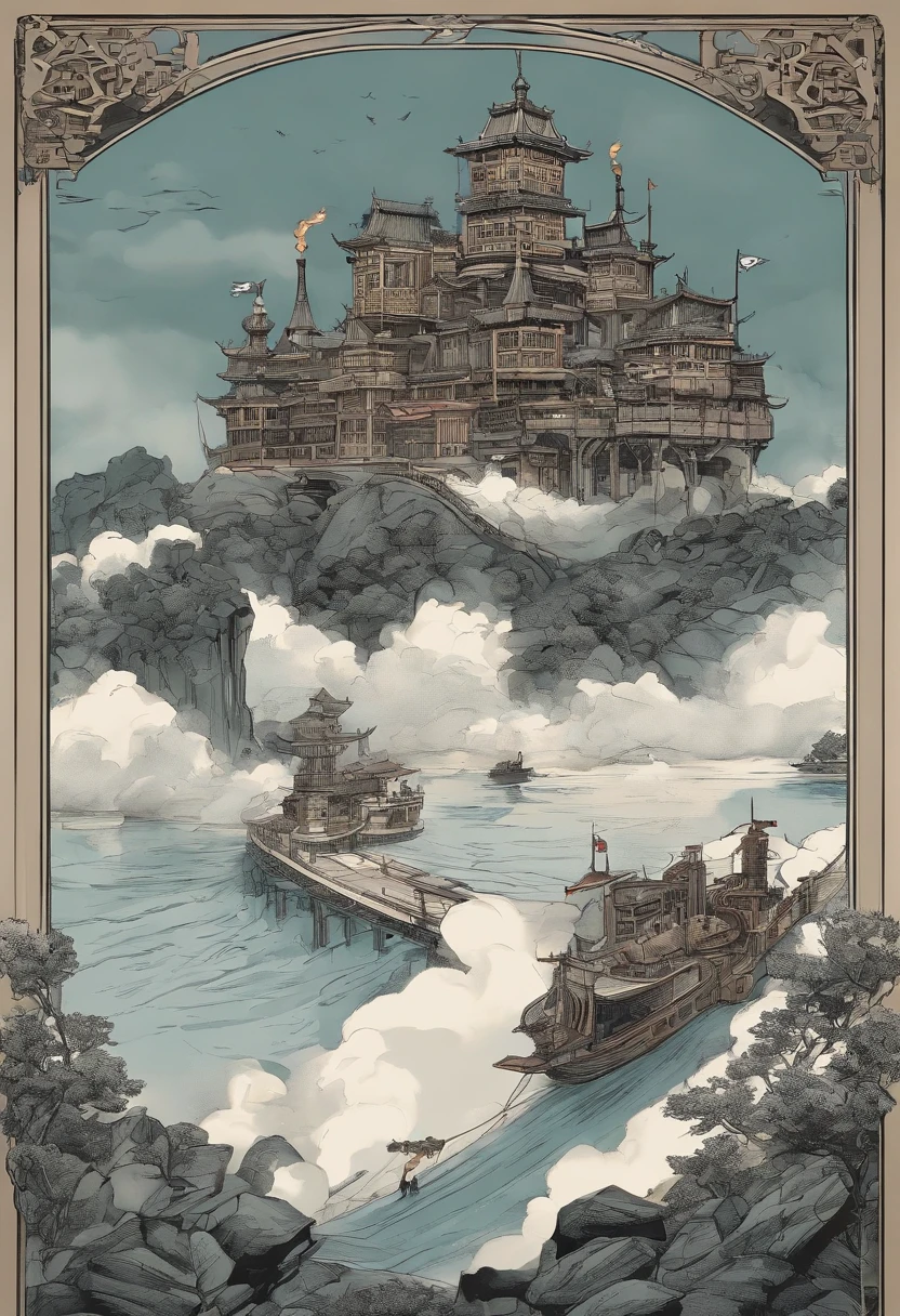 Chinese ink style，Steampunk world，Huge steam mechs and maidens，Ink animation art，Ink comic art，water ink，ink，Smudge，8k，Delicately portrayed，Works of masters