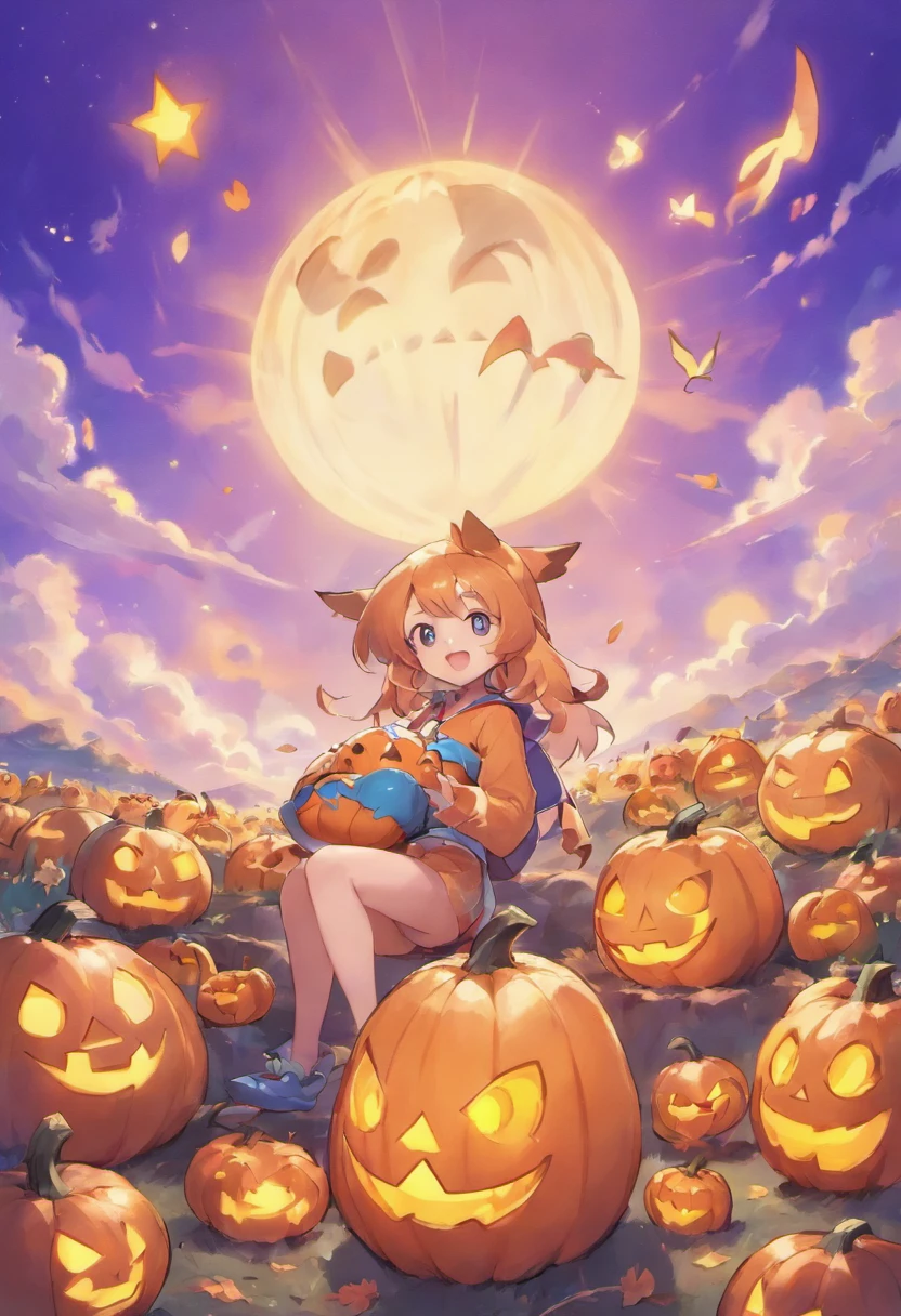 Under a very beautiful purple sky、Jack-o'-lanterns are shining。 Fantastical games