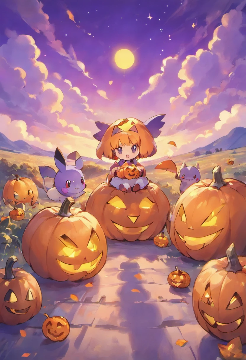 Under a very beautiful purple sky、Jack-o'-lanterns are shining。　Fantastical　games