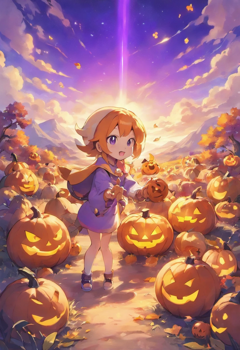 Under a very beautiful purple sky、Jack-o'-lanterns are shining。 Fantastical games