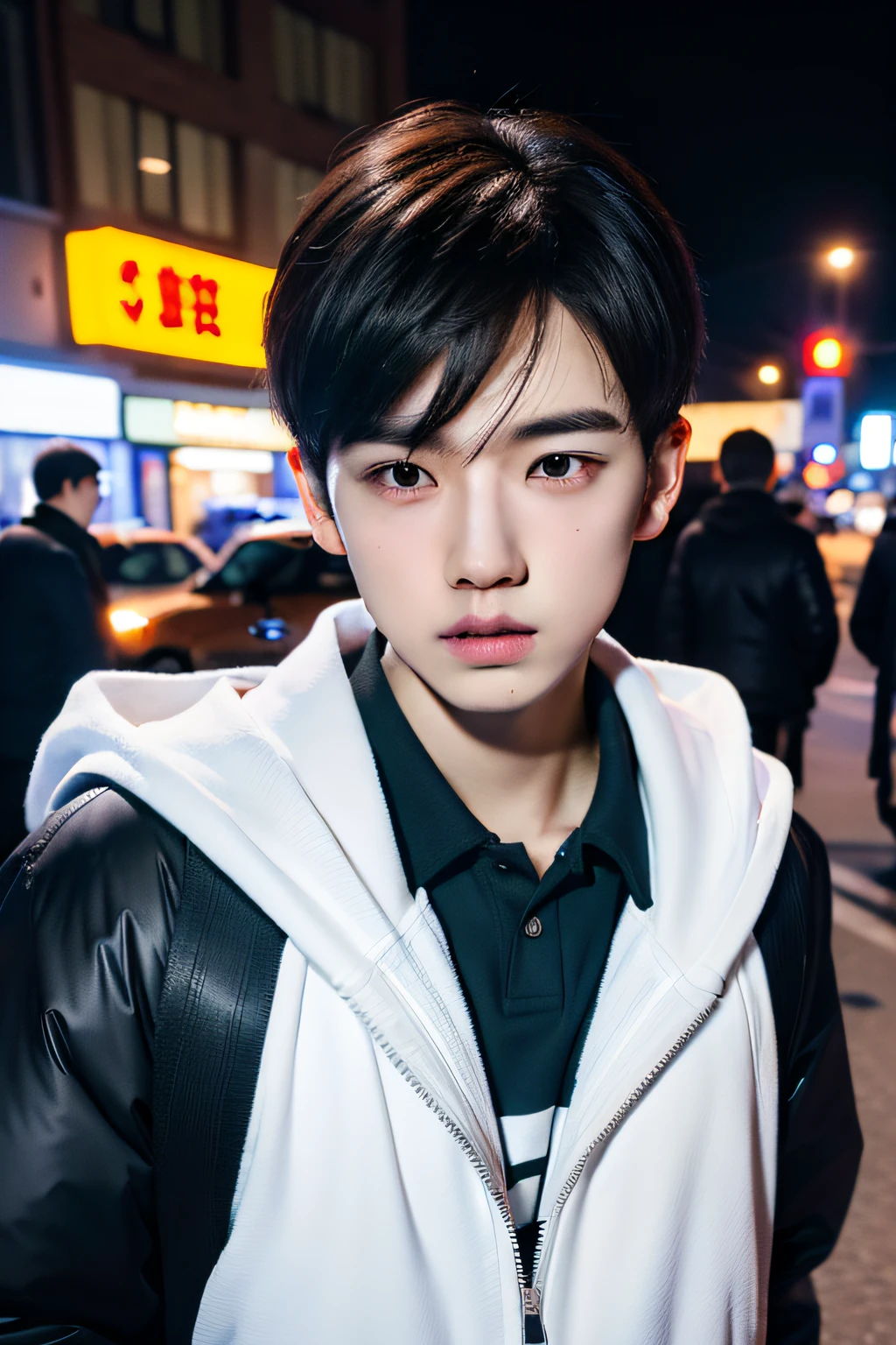A handsome boy, frontal, worried, White sports coat, Short black hair, On the street, Super high detail, High realism, 4K, Chiaroscuro, Super detail,