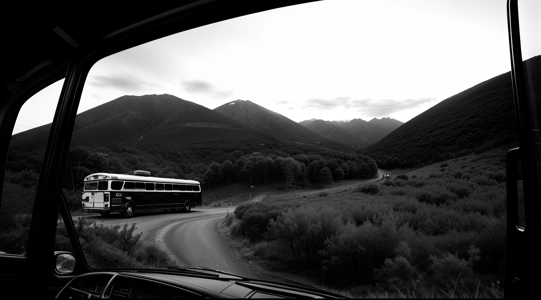 （black and white manga style）nigth，mountain path，It's all woods nearby，Medium-sized buses，gv,One after the other（The lens is at the rear of the car）