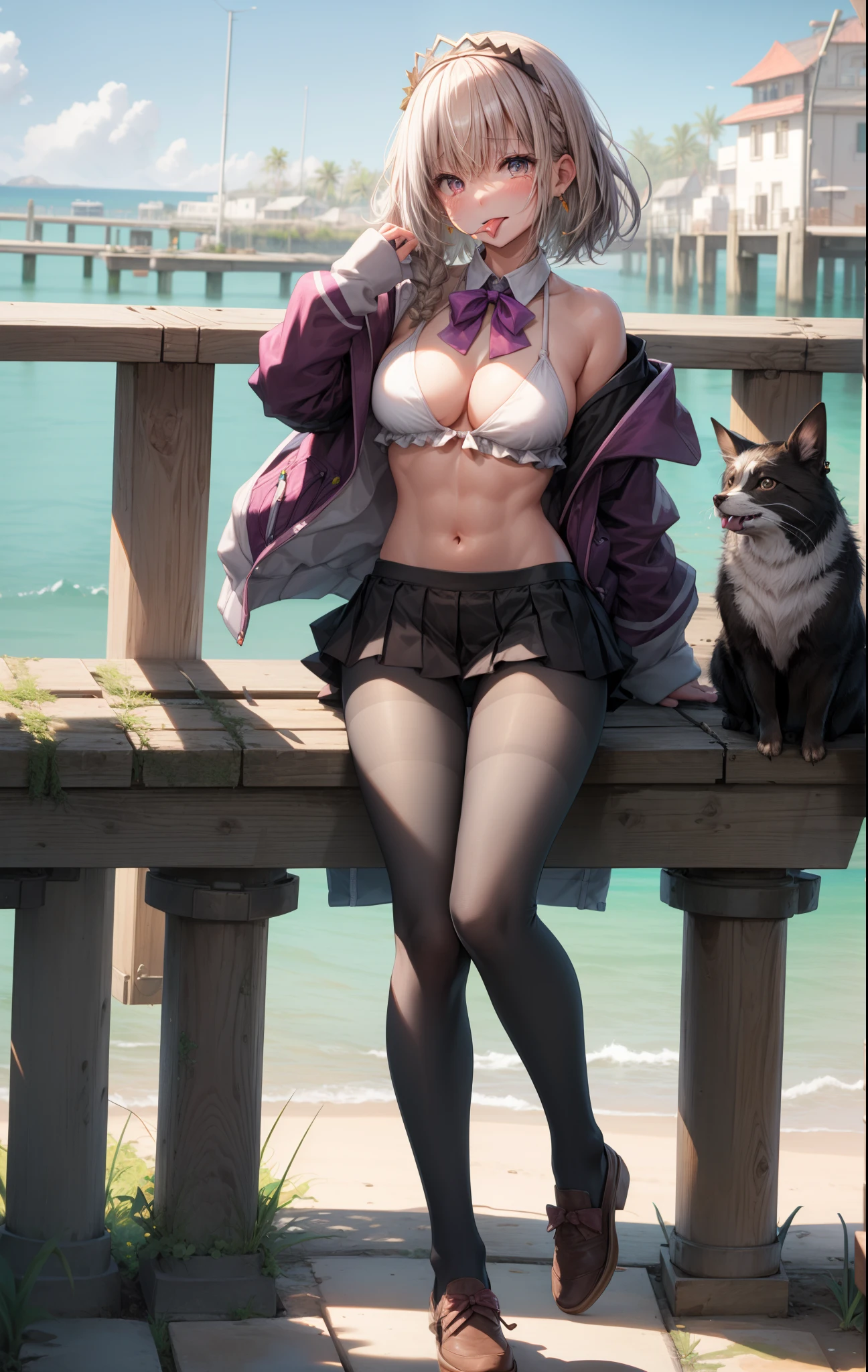 Black pantyhose, Bow, Collared shirt, hoods, hooded jacket, Jacket, Open your clothes, Open jacket, Open Shirt, pantyhose, Purple bow, Purple jacket, School uniform, Shirt, sleeves past wrists, Unbuttoned shirt, White shirt, light brown hair, hair behind ear, french braids, Wavy Hair, Medium Hair, head ear tiara Crying with eyes open, Heart Earrings, Mouth open, Shoe Invitation, surrealism, Color Field Painting, high detailing, Social realism, surrealism, Cinematic lighting, reflective light, silhuette, Tachie, One-person viewpoint, Eye-Level Shot, nffsw, masutepiece, ccurate, Anatomically accurate, Textured skin, Super Detail, high detailing, High quality, award winning best quality, High resolution, hard disk, 4K, 16 K, Beach, PINK Bikini, Full body shot, Full body, Spread legs, sit, Stick out the tongue, , No panties, hands in panties, tongue, Beach, Beach, Palm Tree, Abs