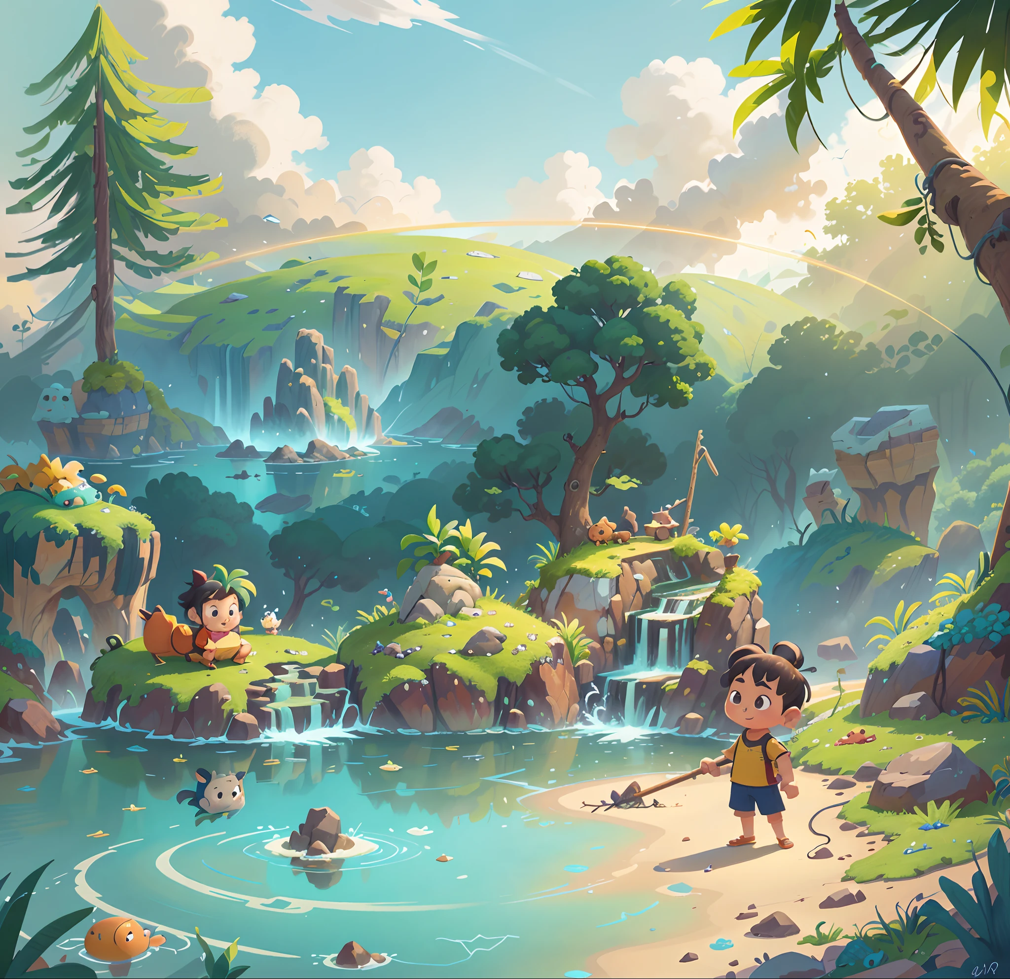Chinese ancient times, spring, jungle, lake, cave, waterfall, tree, meadow, rock, hot spring, a plant，volcanoes，coconut palms，Antiquity，jurassic，Ancient plants，rios，grass field，grassy fields，Faraway view，mont，volcanoes，cliff，​​clouds，sun light， water vapor, illustration，Cartoon drawing，Lively children's drawing，Illustrations in storybooks，Cartoon coloring page，KIDS ILLUSTRATION，Disney，cartoony，Paramount，dreamworks，(illustration: 1.0), epic composition, realistic lighting, HD details, masterpiece, best quality, (very detailed CG unified 8k wallpaper)