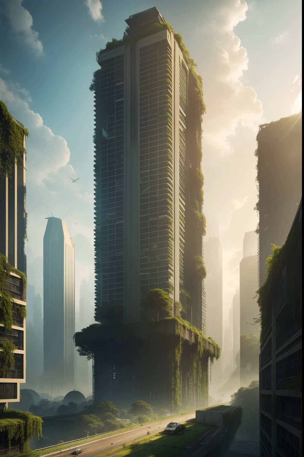 Imagine a futuristic scene where a lush urban forest has taken over an abandoned metropolis. Ruined skyscrapers are overgrown with lush vegetation, Giant trees grow through dilapidated buildings, and strange animals roam among the remnants of human civilization. Create a stunning representation of this scene, highlighting the details, the light and atmosphere that show both the beauty of triumphant nature and the melancholy of this post-apocalyptic world