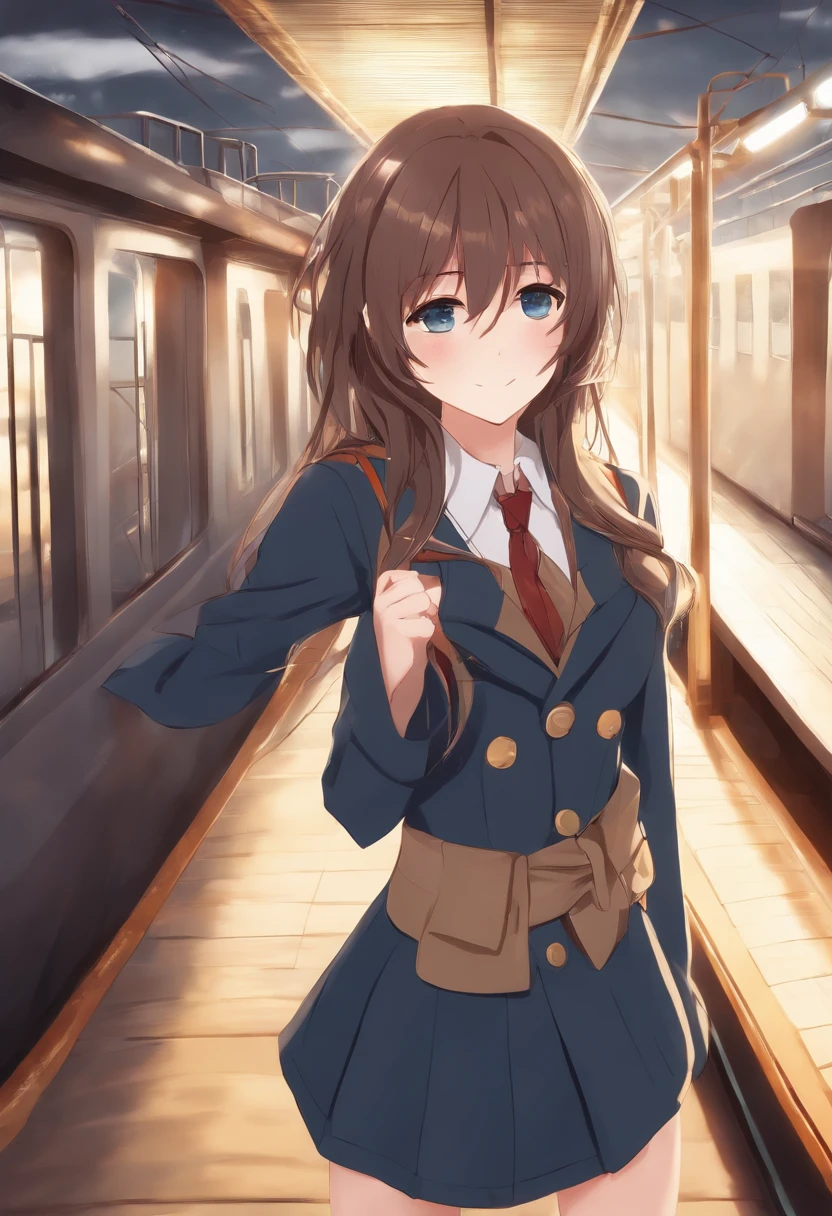 Anime Girl with Long Hair marchant sur un quai de train, kantai collection style, railgun, Konpeki no Kantaï, Arcade of the Kantai Collection, Kancolle, Style Makoto Shinkai, anime visual of a cute girl, Style artistique Makoto Shinkai, Beautiful anime high school girl, Style anime 4 K, official artwork, Shinkai Makoto