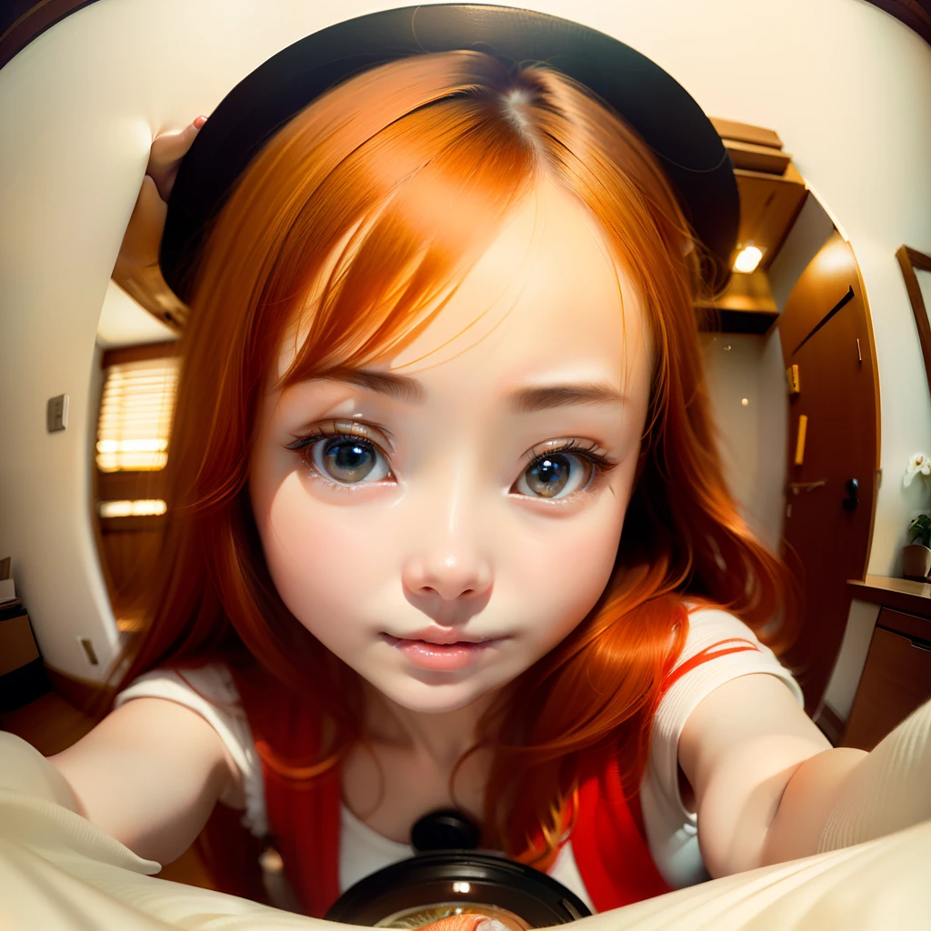 Delicate beautiful CG artwork),(Best Quality, Ultra-detailed, High resolution),(natural soft light),独奏,(Beautiful face), (((Girl looking through fisheye lens:1.3、Detailed calculated background)))、blured background:1.5