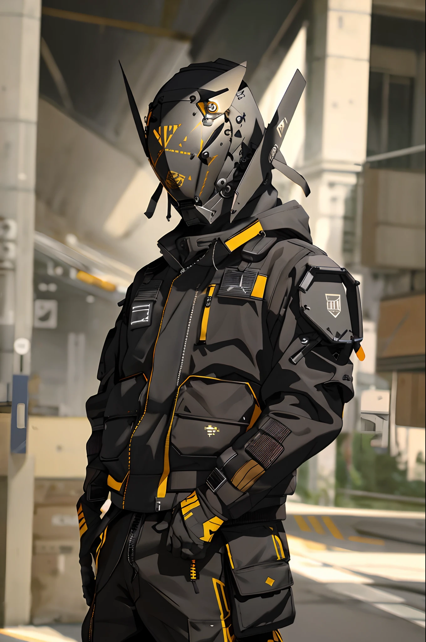 ((top-quality)), ((masterpiece)), ((ultra-detailliert)),(8k wallpaper:1.2),(Ultra-high resolution:1.2),(masterpiece:1.1),wallpaper,High quality,(High detail),(absurdres, highres, ultra detailed),( best quality:1.2),BREAK, mechanical sci-fi mask, pilot, numbers appearing on the hud of the mask, extremely detailed,black armour mask, wearing a black jacket, realistic lighting, unreal engine 5