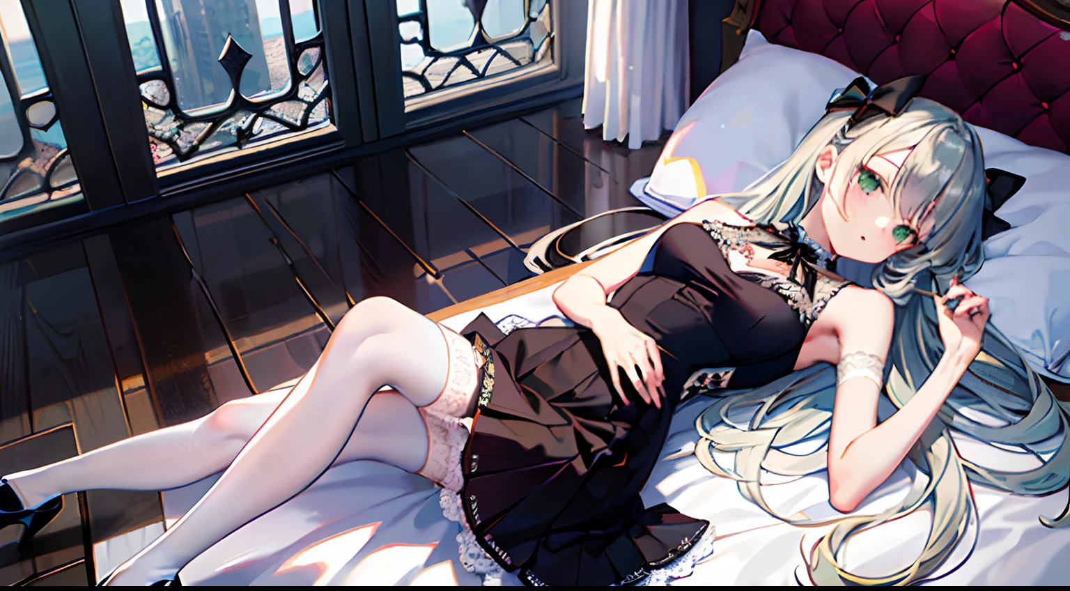 (tmasterpiece、top-quality、illustratio、Extremely high quality、high-level image quality、Extremely sensitive writing)Masterpiece, Best quality, Ultra-detailed,Green long hair,cropped shoulders,long skirt,Lace,high-heels,white stockings,Ribbons,Bow knot,Slim legs,Beautiful young lady,Stretch your slender legs,Lie down in bed