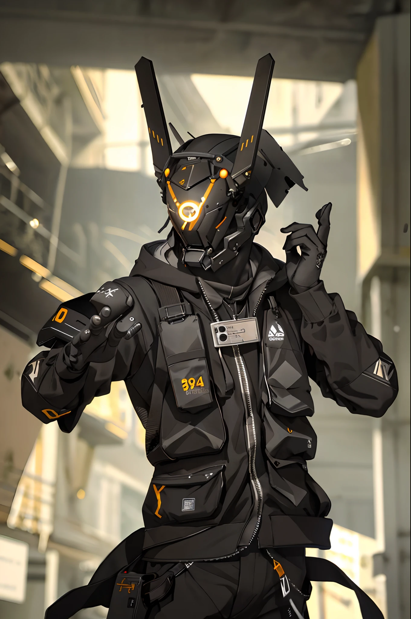 ((top-quality)), ((masterpiece)), ((ultra-detailliert)),(8k wallpaper:1.2),(Ultra-high resolution:1.2),(masterpiece:1.1),wallpaper,High quality,(High detail),(absurdres, highres, ultra detailed),( best quality:1.2),BREAK, mechanical sci-fi mask, pilot, numbers appearing on the hud of the mask, extremely detailed,black armour mask, wearing a black jacket, realistic lighting, unreal engine 5