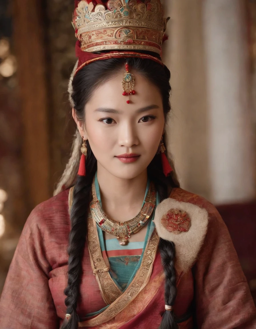 （tmasterpiece，best qualtiy，realisticlying：1.37），（Complex and sophisticated，Highly detailed skin and face），（1girll），独奏，standing on your feet，a beauty girl，Tibetan clothing，Colorful costumes， Fleece collar， Padded collar，High-end Tibetan clothing，Cumbersome Tibetan costume design，Warm clothing，Winter clothing，Appearance Yang Chaoran，Rounded face shape，Gorgeous Tibetan costumes，Cumbersome Tibetan necklace，Cumbersome Tibetan headdress，Colored headband，cinematic pastel lighting，8k wallpaper，Solidarity，art stations，