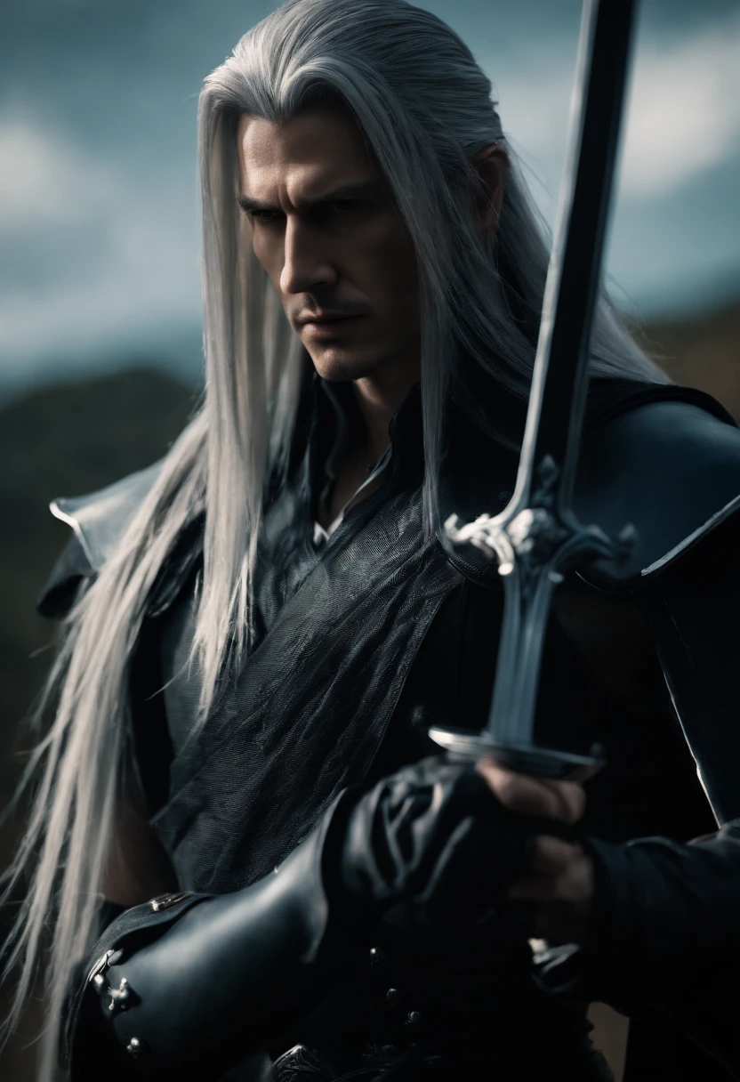 Sephiroth from Final Fantasy VII holding his masamune sword with one hand