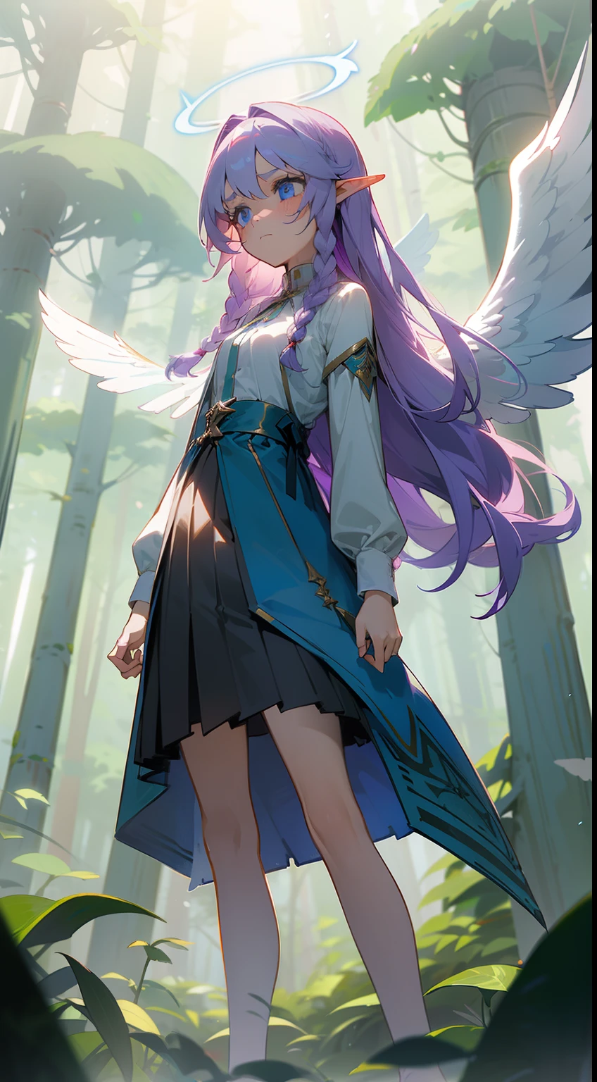 1girl,20s,solo,sad face,white shirt,black skirt,small tits,light purple hair,long hair,braided hair,(((Angel of Light Angelica Wings))),blue eyes,,elves ears,(((standing in front of a forest)))