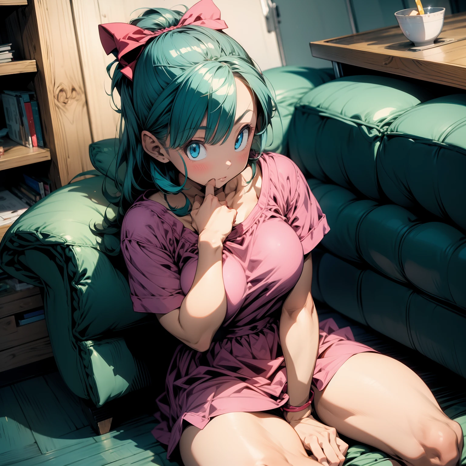 (masterpiece),best quality, full-body shot, expressive eyes, perfect face, 1girl, medium breast, good breast, beautiful, gorgeous ,round breast, sitting on a couch, medium shot, indoors, lab, cleavage, white sleeves, Turquoise bow, pink dress, bow, feminine, blushing, Bulma from "dragonball", masturbation from below, Grab your own breasts, One girl, sit on the floor, Spread your legs, Raise your legs