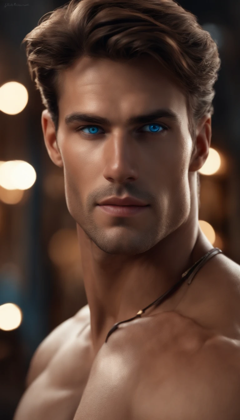 (Best quality,8K,Realistic),Handsome man,Male,Blue eyes,Brown hair,Good muscles,Shirtless