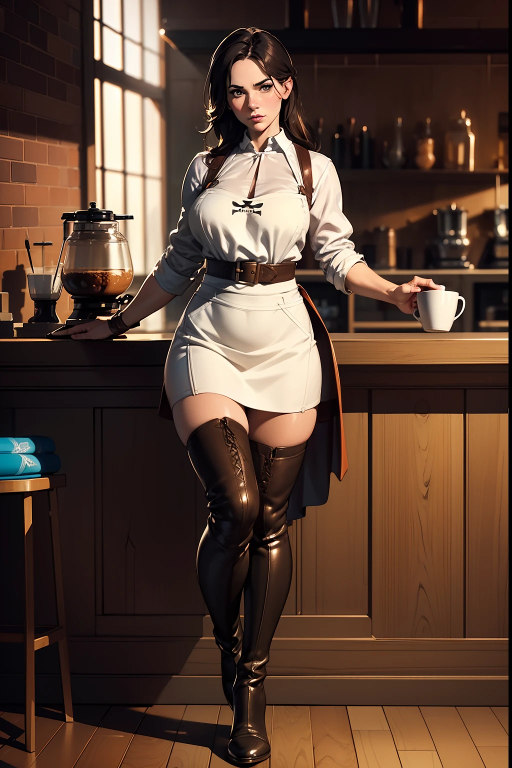 (((Full length body shot photo)))of (Megan Mace) in a (((leather apron))), realistic fabric texture, ((thigh-high boots)), (((white blouse)) ), (((superhero barista))), coffee bar background, (beautiful caucasian face), (ultra-detailed, masterpiece), volumetric lighting, subsurface scattering, good anatomy, good proportions, High Detail, Sharp focus, dramatic, cinematic, dynamic pose(photorealistic:1.5), (mature adult:1.6) ((art by adam hughes)), (highest quality illustration), (line art:1.25), (2D) (masterpiece, award-winning, best quality:1.3), (extremely detailed CG unity 8k wallpaper), trending on ArtStation, trending on CGSociety, Intricately detailed,, award-winning digital art, trending on artstation, by atey ghailan, by greg rutkowski, by greg tocchini, by james gilleard, 8k, high resolution, best quality, natural beauty, sharp focus, award-winning photograph, natural beauty