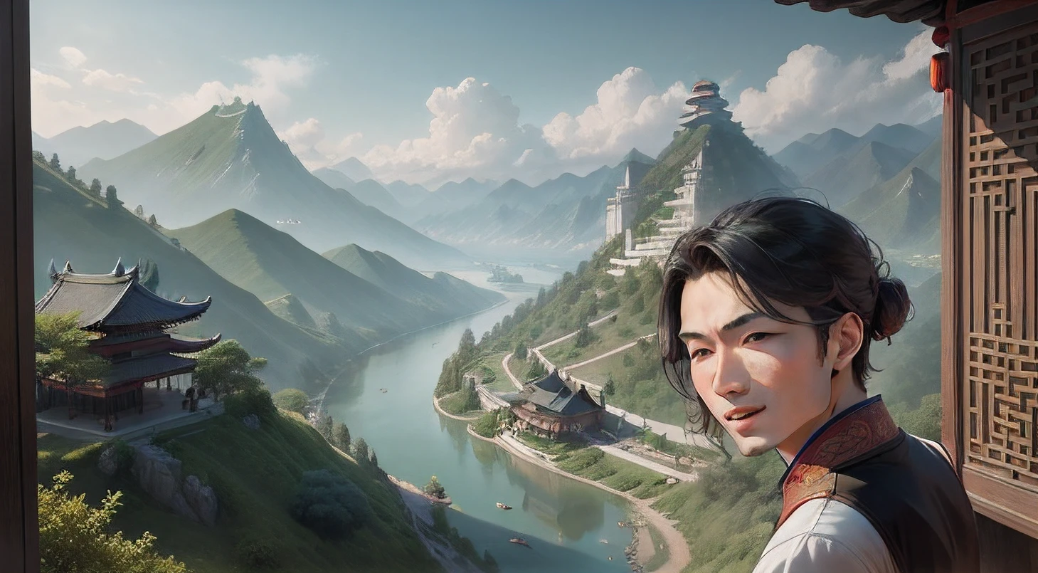 Male poets in ancient Chinese architecture,Overlooking mountains and river,very happily