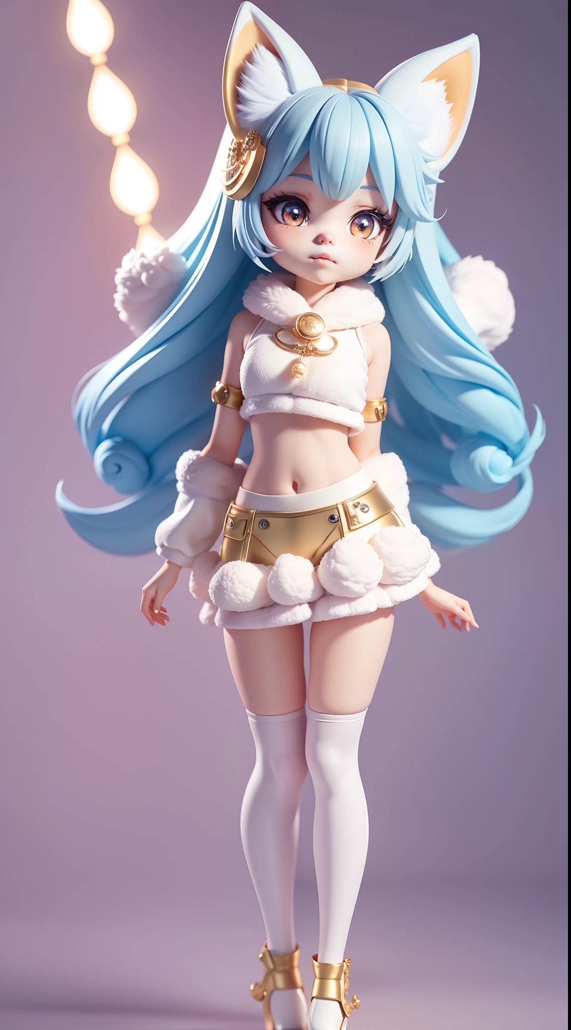 lens flare glow，Cute fox makeup，Fluffy little fox，White fur，Thin waist narrow waist，fox ear，paw shoes，The look of the kawaii，Flat-chested little sister，slimfigure，There is a small notch in the leg，Navy blue hair，Golden pupils