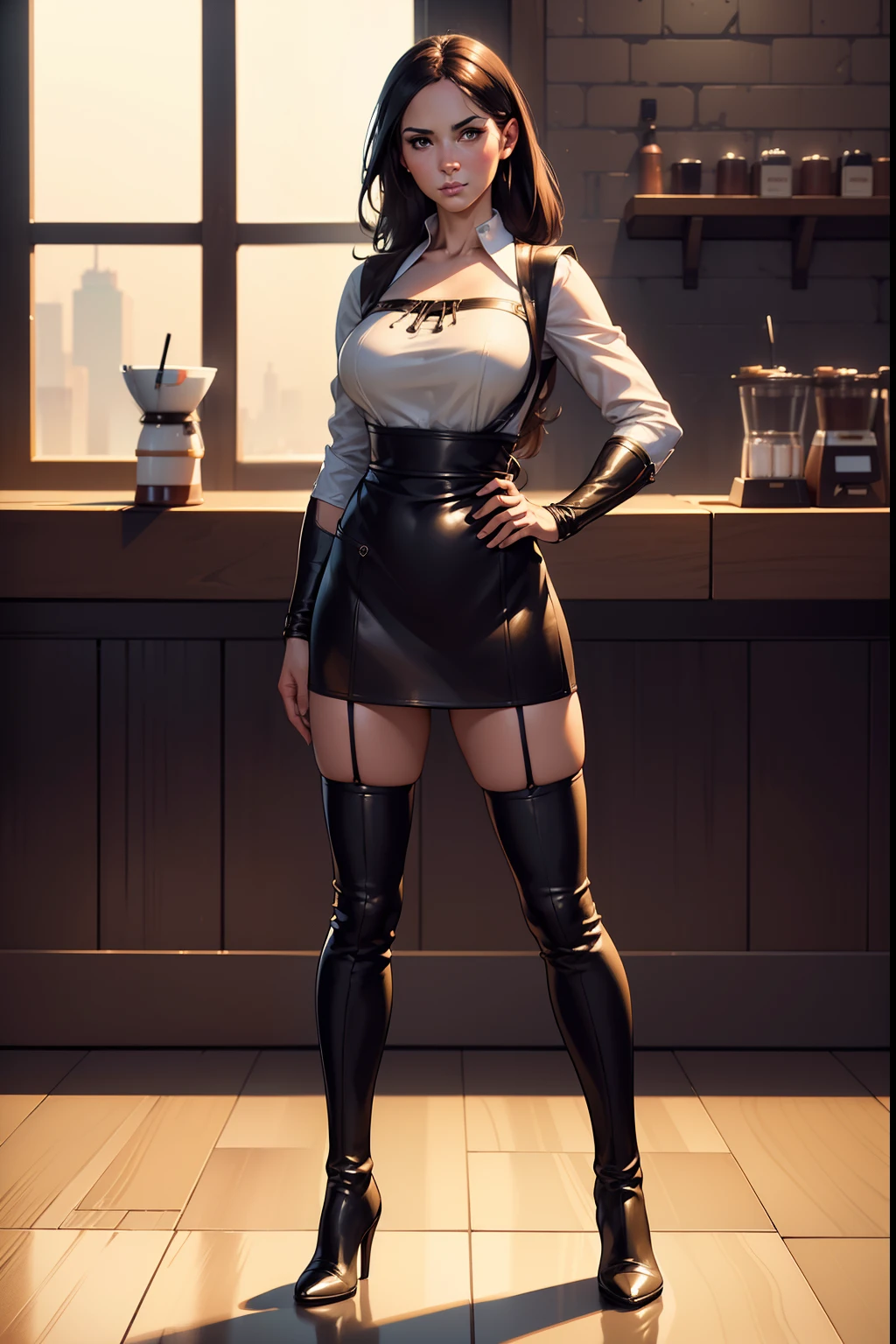 (((Full length body shot photo)))of (Megan Mace) in a (((leather apron))), realistic fabric texture, ((thigh-high boots)), (((white blouse)) ), (((superhero barista))), coffee bar background, (beautiful caucasian face), (ultra-detailed, masterpiece), volumetric lighting, subsurface scattering, good anatomy, good proportions, High Detail, Sharp focus, dramatic, cinematic, dynamic pose(photorealistic:1.5), (mature adult:1.6) ((art by adam hughes)), (highest quality illustration), (line art:1.25), (2D) (masterpiece, award-winning, best quality:1.3), (extremely detailed CG unity 8k wallpaper), trending on ArtStation, trending on CGSociety, Intricately detailed,, award-winning digital art, trending on artstation, by atey ghailan, by greg rutkowski, by greg tocchini, by james gilleard, 8k, high resolution, best quality, natural beauty, sharp focus, award-winning photograph, natural beauty