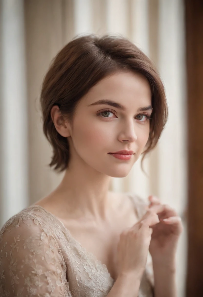 "A lady with short, tousled hair stands before you, her lips curved into a gentle, small smile. Her eyes hold a hint of curiosity and warmth, and her presence seems to radiate an aura of quiet confidence, realistic