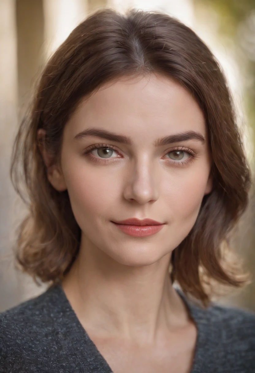 "A lady with short, tousled hair stands before you, her lips curved into a gentle, small smile. Her eyes hold a hint of curiosity and warmth, and her presence seems to radiate an aura of quiet confidence, realistic