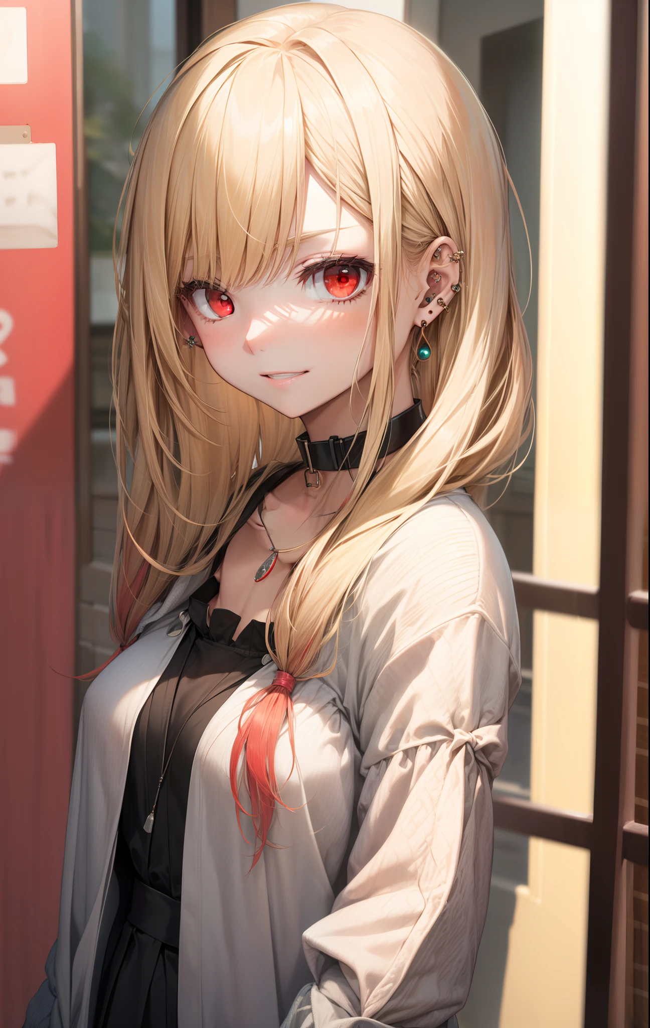 Marin Kitagawa, Blonde hair, Choker, ear piercings, earrings, Long hair, Piercing, (Red Eyes:1.5), Straight hair, swept bangs,