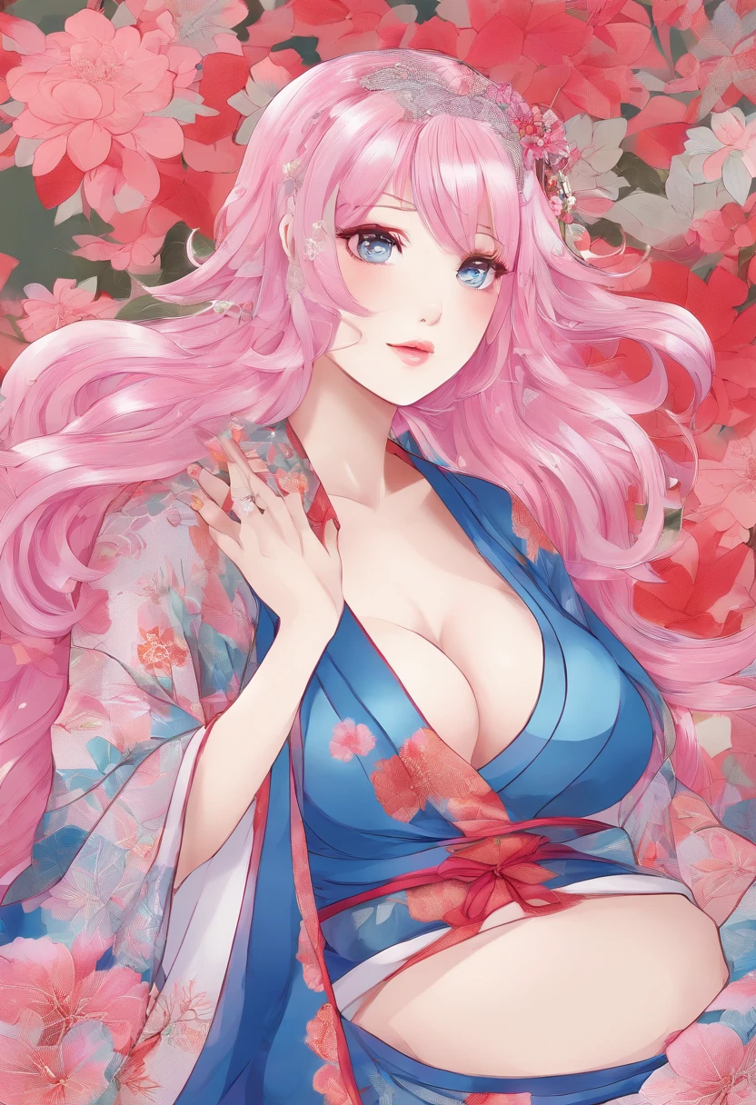 Woman, long pink hair, blue eyes, super large , thick thigh, seductive smile, red lips, beautiful, kimono, exposed nipplet pink ni, bed, milfo, armpits, wh erotic pose,