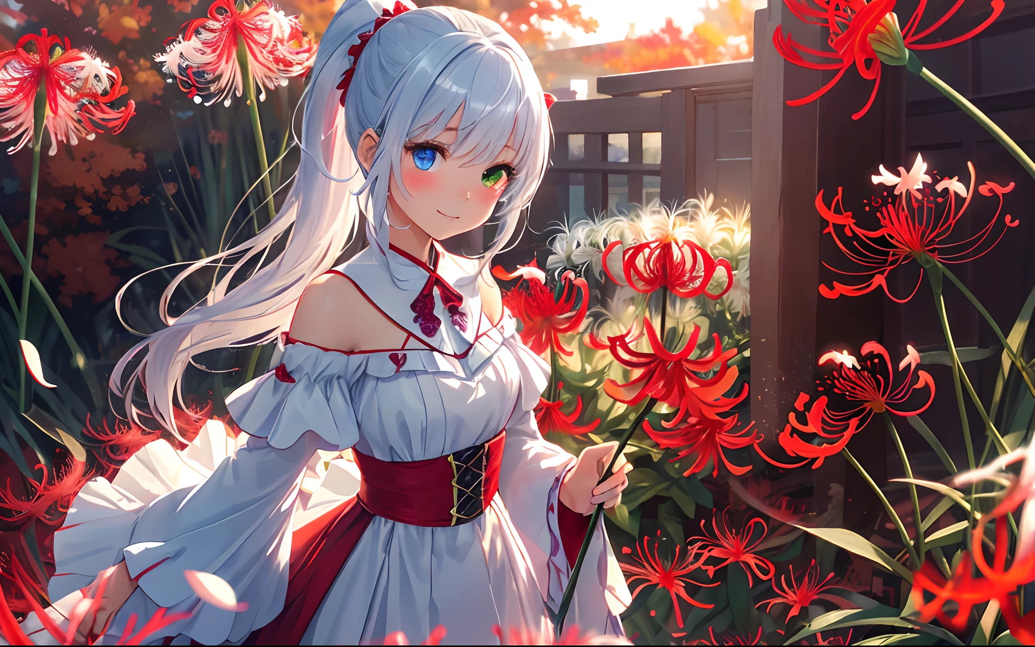 masterpiece、top-quality、Photorealsitic、ultra-detailliert、delicate、orderly,High Detail、(cute little)、Beautiful fece、An majestic、Glossy、shinny skin、bluish-silver ponytail、 (drooping iris heterochromia iris:1.3)、15yo student、Girl with a gentle smile、A shy girl、thin、(radiant eyes)、ambient occlusion,ambient lights,ray trace reflection, cowboy shot、blured background、deep-shadows、(Red Spider Lily:1.3)、autumnal、Autumn clothes、Fluttering petals、A flower garden