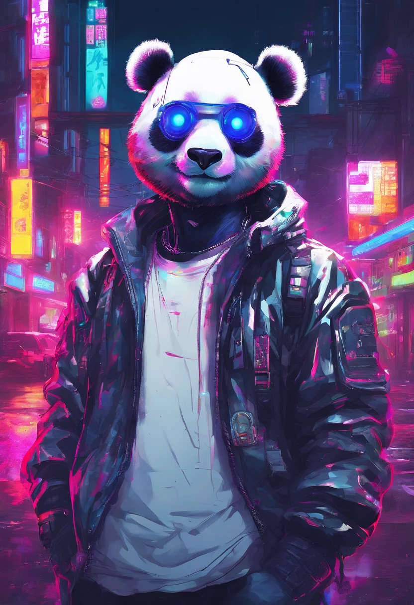 Panda-headed man in white T-shirt in the cyberpunk town of Takatsuki amarelo colourfull