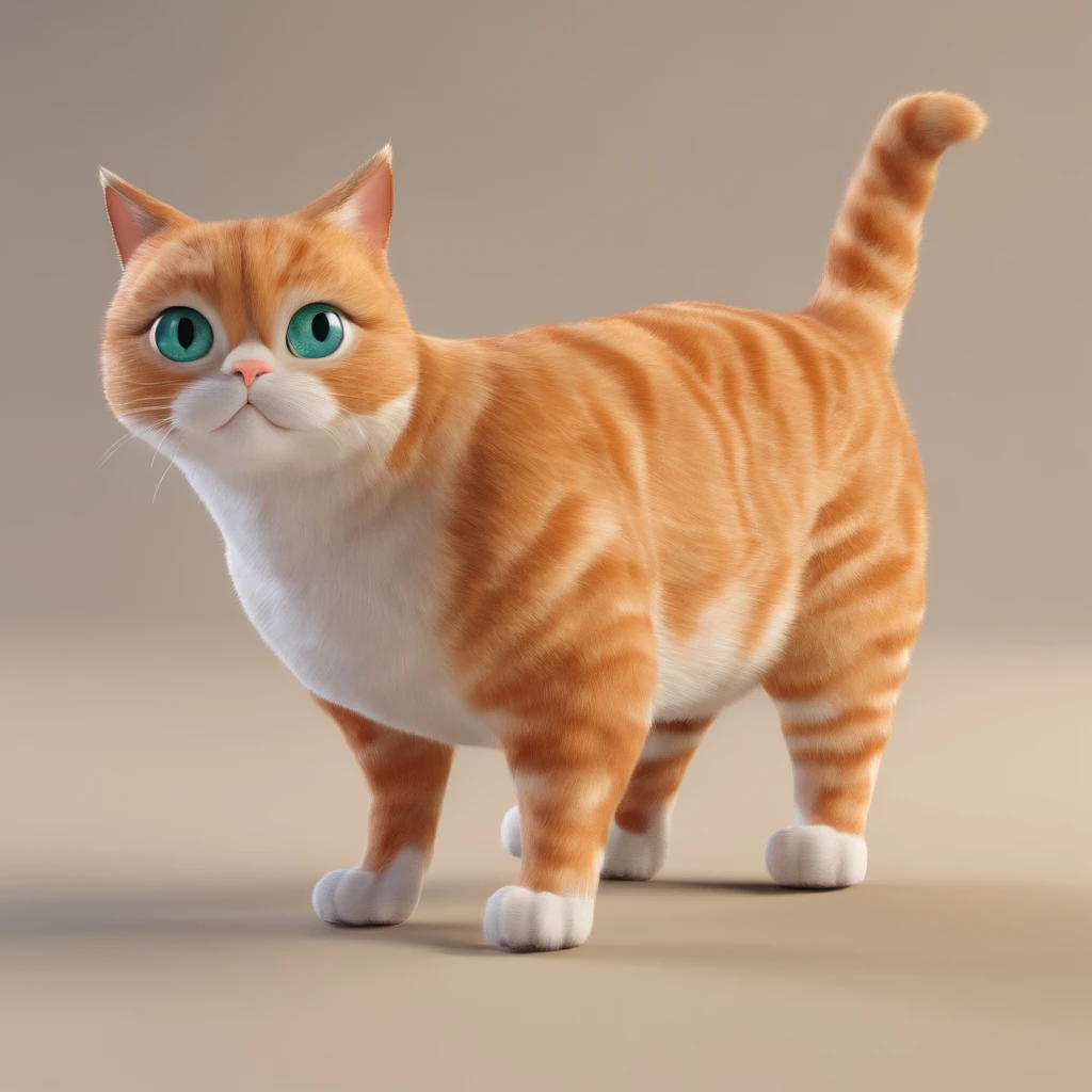 A 3d cat with big head and big eyes cute looking, standing on two feets with hands in T pose style, full body on plain background