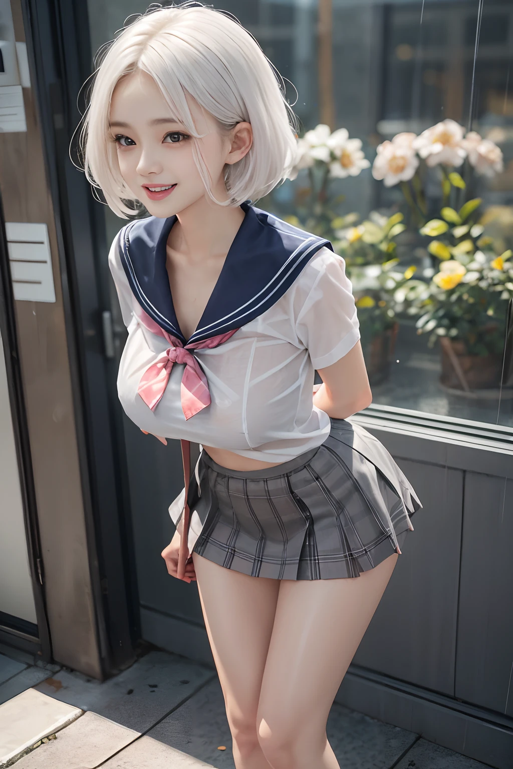 Pubic hair grows、Smile full of happiness、((:1.3))、、、Panting face、Lacking、After being attacked、school girl outfit(Plaid miniskirt)、a sailor suit、Sweating、Expression in a state of excitement、short-hair、eye glass、((Grabbed from behind:1.1))、Pink panties seem to flicker、,Attractive standing posture,Looking back,Showers,whole body Dripping wet,,Works of masters,tmasterpiece,( huge-breasted)Huge breasts, ,,pale skin,Shiny skin,Oily skin,,puffy areolas,white soft long legs,bare Abdomen,Rain on the body,Areola,,white color hair,,,see -through,,,Bare,bare lower body,toppless,,There are flowers on the chest,There are flowers on the chest,There is a pattern on the chest,