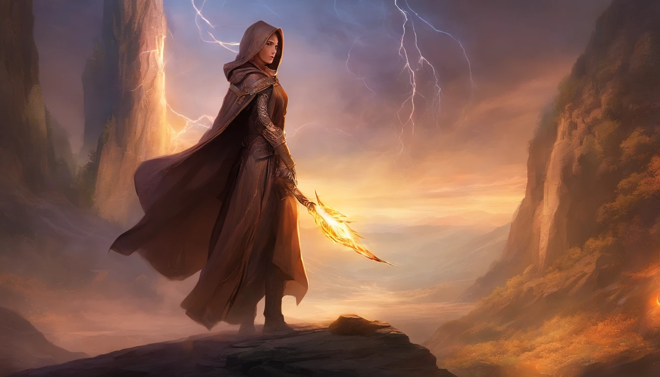 A Western medieval ancient female mage，A female mage in a brown cloak is releasing an arc，The hood covers the face and cannot see clearly，（An electric arc around the hand：1.3），poised to strike，imposing，（Thunder magic），（The arc was released from the female mage's hand），The current spreads around，Medieval landscape，Fantastical，4K，best qualtiy，primitive，（(Ultra-detailed and high-precision details))，Power Hero & Magic 3，Fantastical，The background is the canyon plain，The scene is impressive