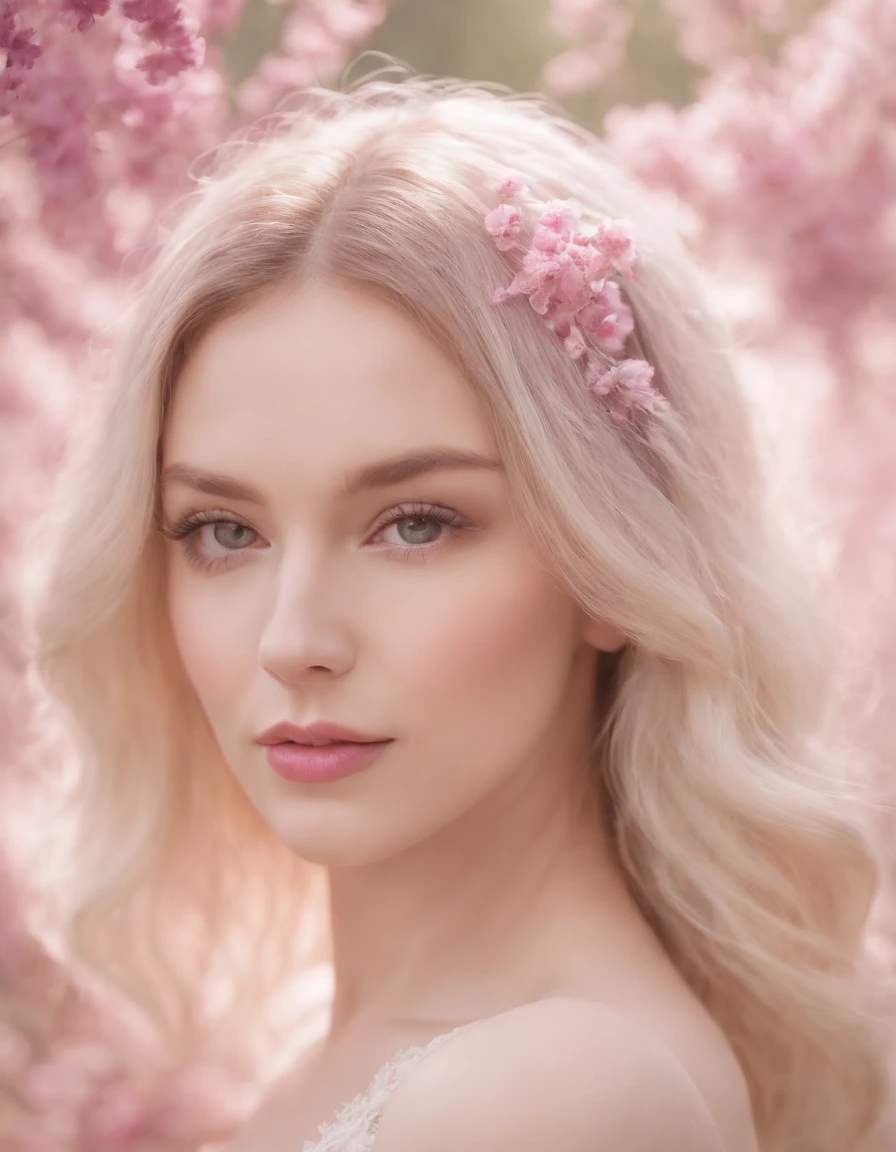 Meadows, in the style of ethereal portraiture, light white and light magenta, celebrity photography, album covers, barbiecore, crisp and delicate, light yellow and light magenta.