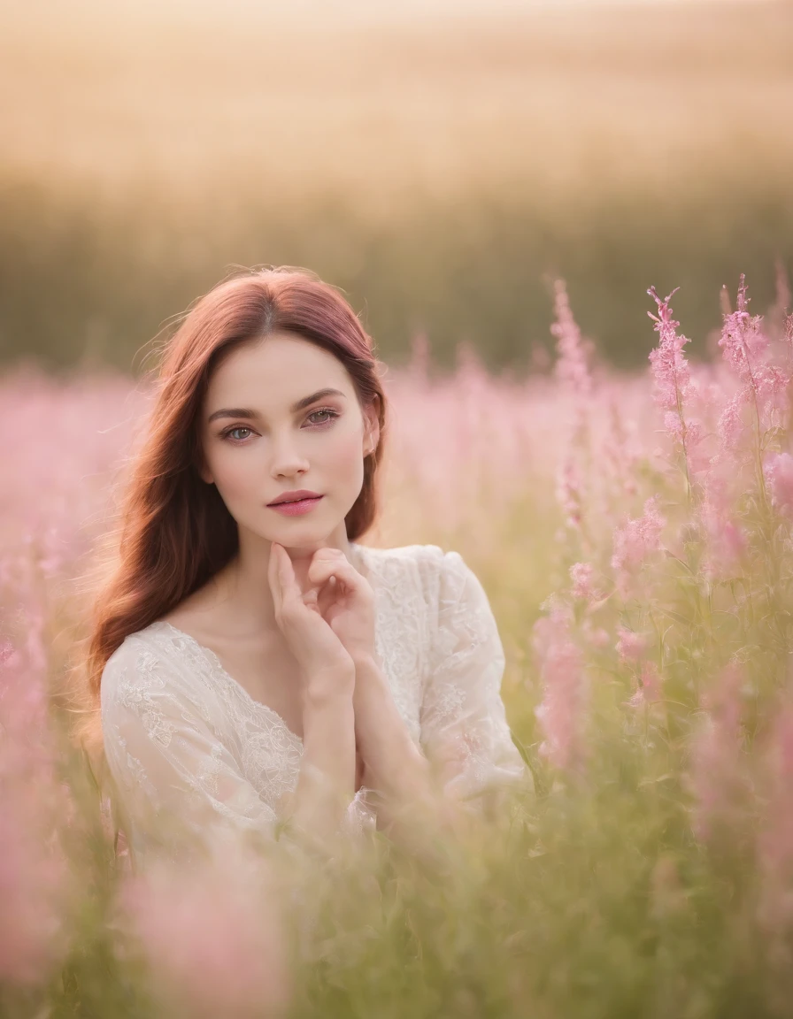 Meadows, in the style of ethereal portraiture, light white and light magenta, celebrity photography, album covers, barbiecore, crisp and delicate, light yellow and light magenta.