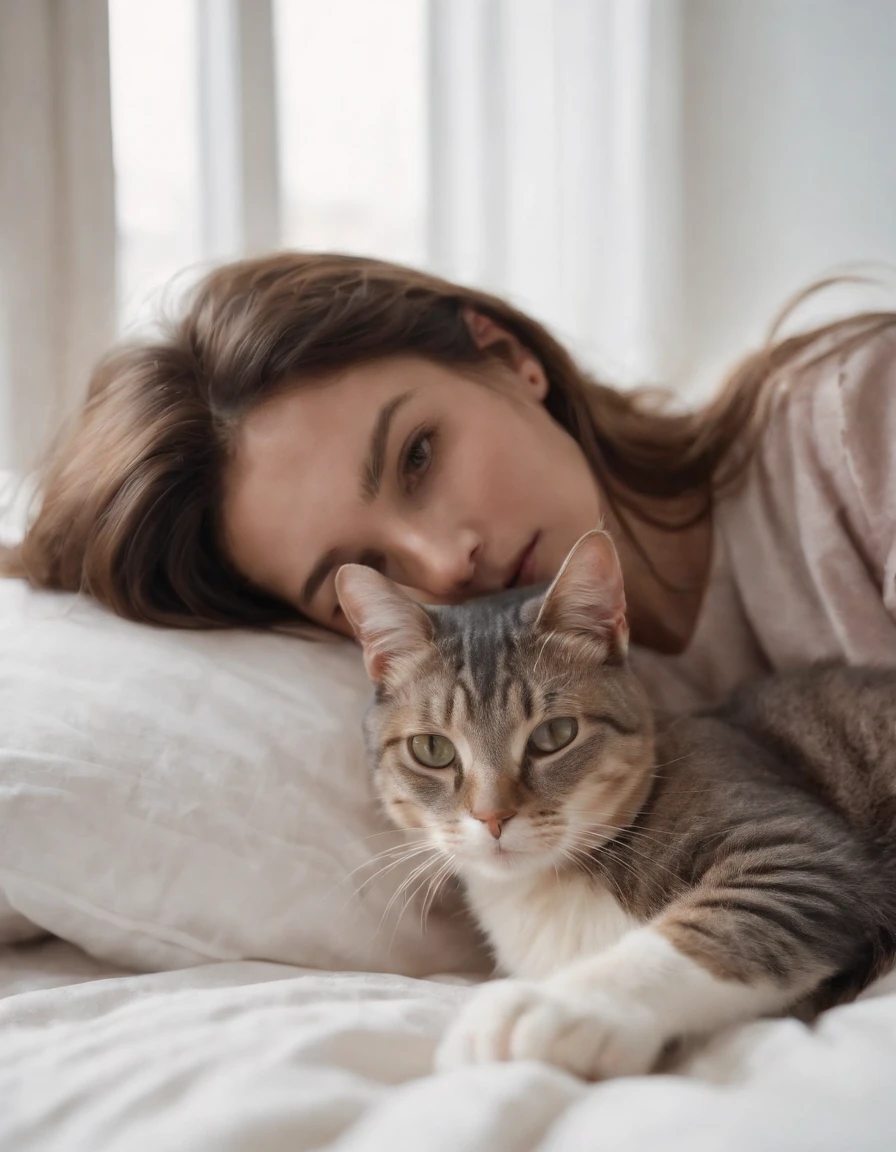woman dressed in comfortable clothes on her bed with her cat, 80s style, half body shot, high quality photo.