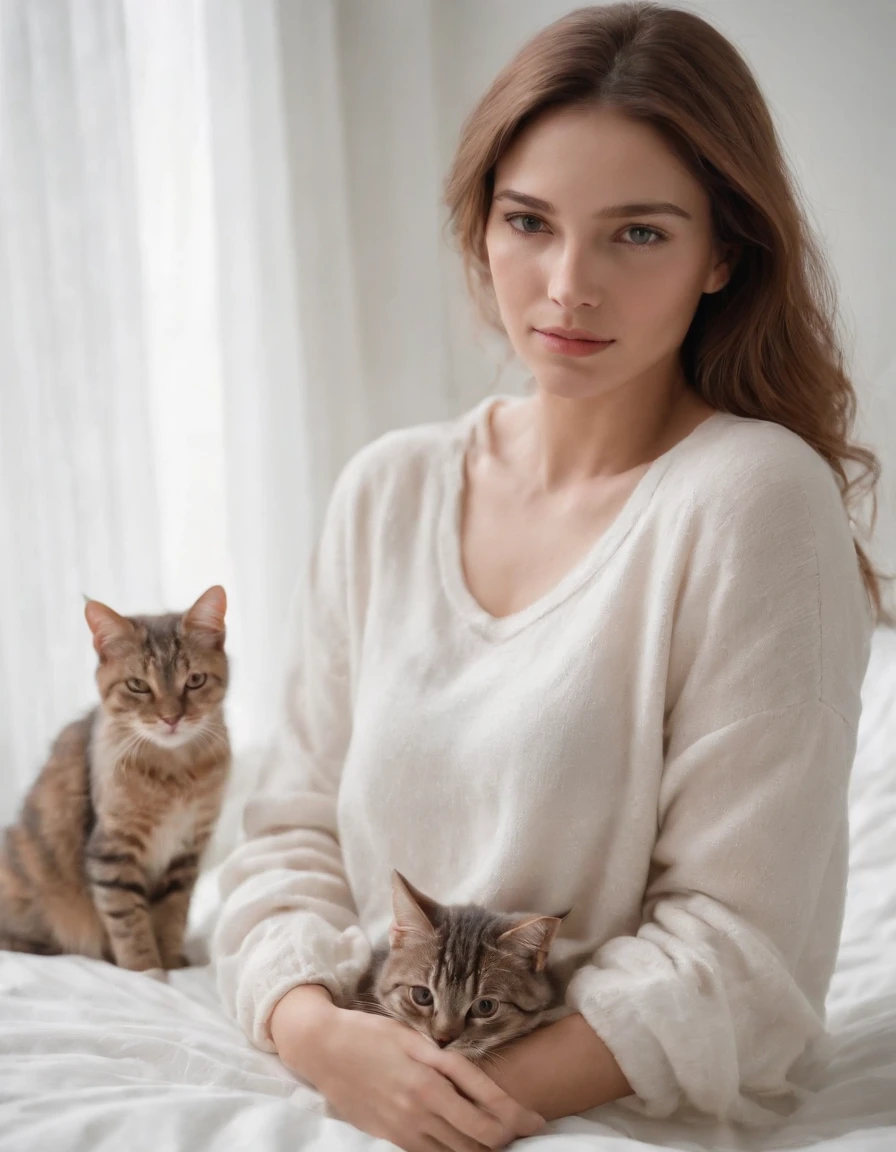 woman dressed in comfortable clothes on her bed with her cat, 80s style, half body shot, high quality photo.