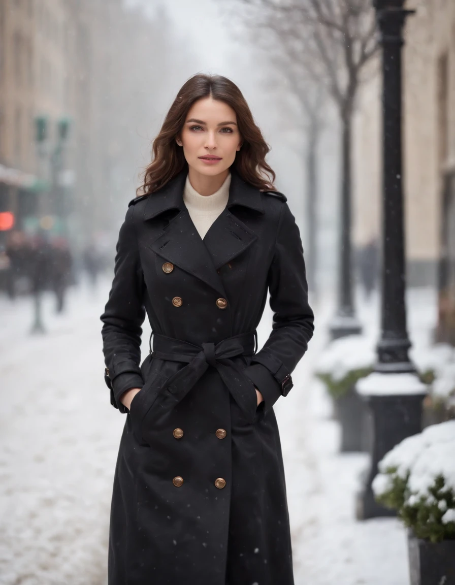 woman dressed in retro black trench coat, walks down the street, cold and snowing weather, bokeh style, medium close up shot, high quality photo.