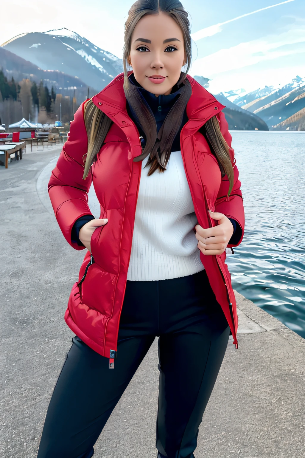 Make a woman with big breast, Red long winterjacket , with open zipper, with face, body, Lakeside house, travel bag, black pants, dog